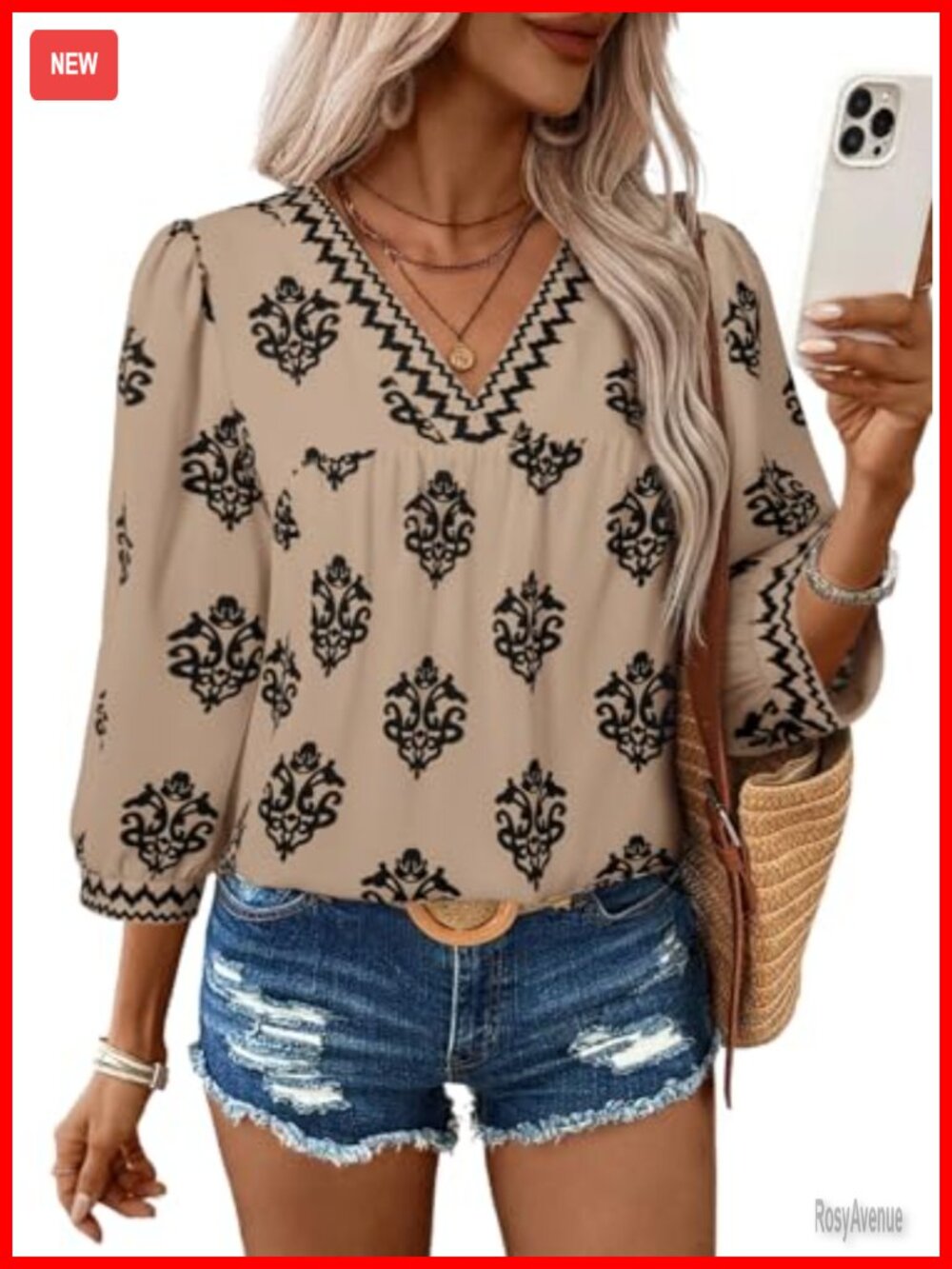 Women's Floral Chiffon Blouse 3/4 Sleeve Boho V-Neck